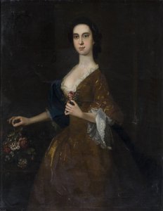 Portret van een dame in rode jurk door English School